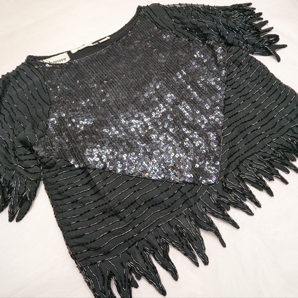 Vintage St. Honore Silk Sequin Fringy Cropped Top